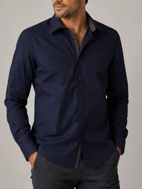 Guess by Marciano Navy Button Front Shirt XL Polka Dot Trim